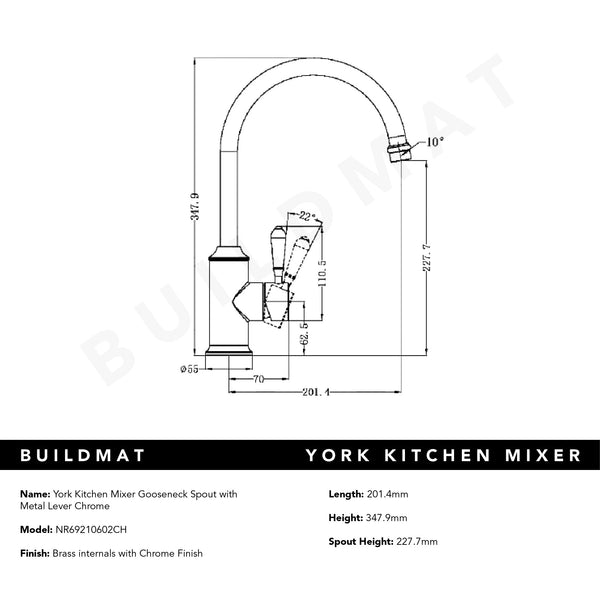 Nero York Kitchen Mixer Gooseneck Spout with Metal Lever Chrome