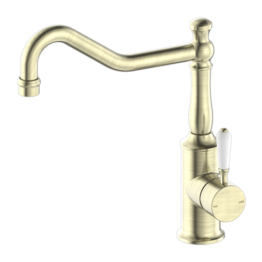 Nero York Kitchen Mixer Hook Spout with White Porcelain Lever Aged Brass