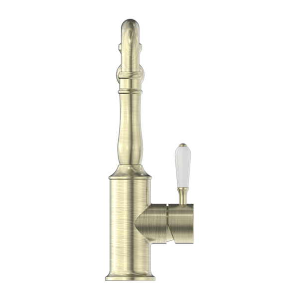 Nero York Kitchen Mixer Hook Spout with White Porcelain Lever Aged Brass