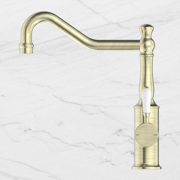Nero York Kitchen Mixer Hook Spout with White Porcelain Lever Aged Brass