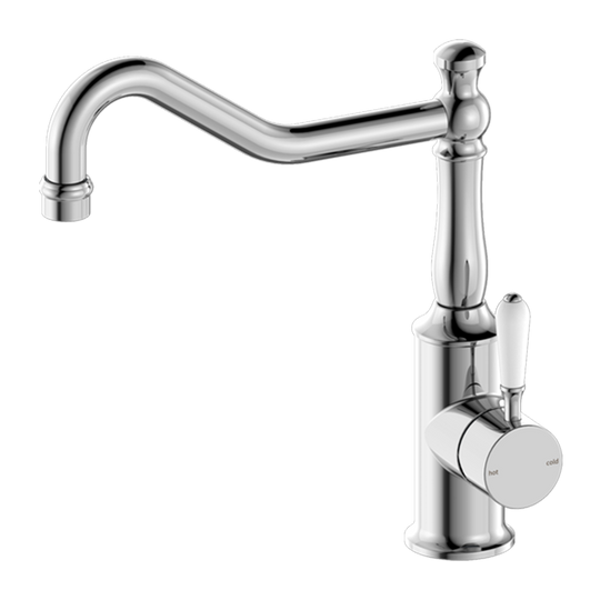Nero York Kitchen Mixer Hook Spout with White Porcelain Lever Chrome
