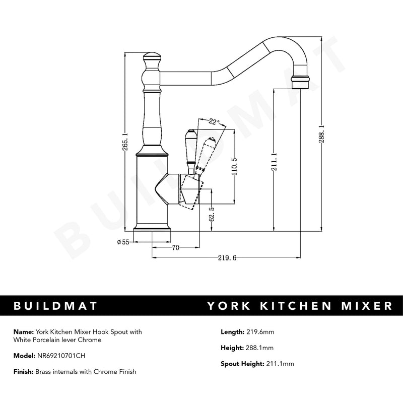York Kitchen Mixer Hook Spout with White Porcelain Lever Chrome