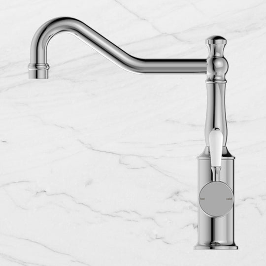 Nero York Kitchen Mixer Hook Spout with White Porcelain Lever Chrome