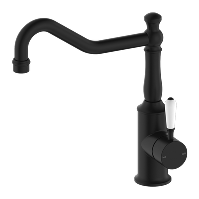 York Kitchen Mixer Hook Spout with White Porcelain Lever Matte Black