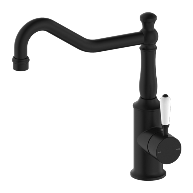 York Kitchen Mixer Hook Spout with White Porcelain Lever Matte Black