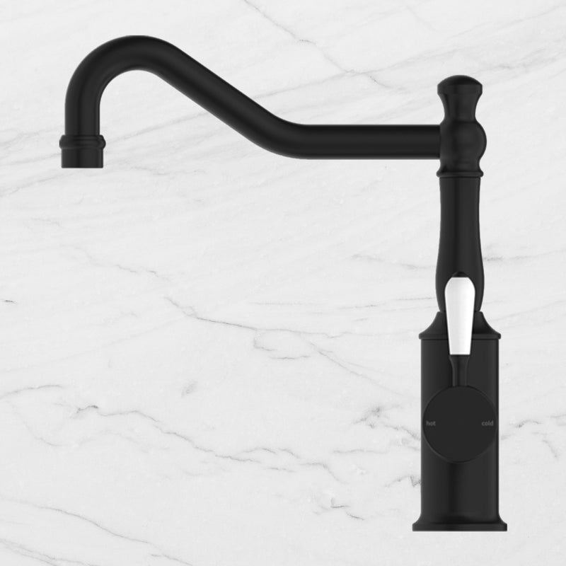 York Kitchen Mixer Hook Spout with White Porcelain Lever Matte Black