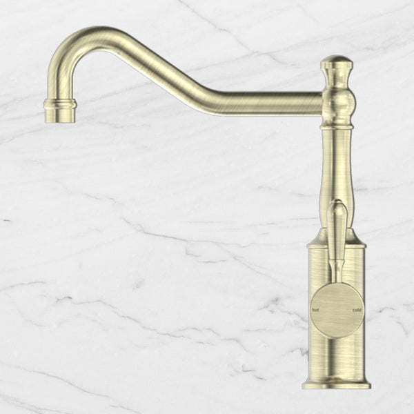 Nero York Kitchen Mixer Hook Spout with Metal Lever Aged Brass