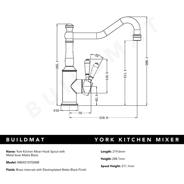 Nero York Kitchen Mixer Hook Spout with Metal Lever Matte Black