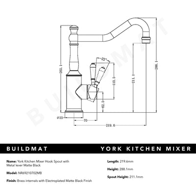 York Kitchen Mixer Hook Spout with Metal Lever Matte Black