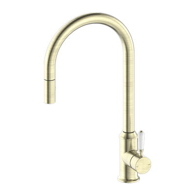 York Pull Out Sink Mixer with Vegie Spray Function with White Porcelain Lever Aged Brass