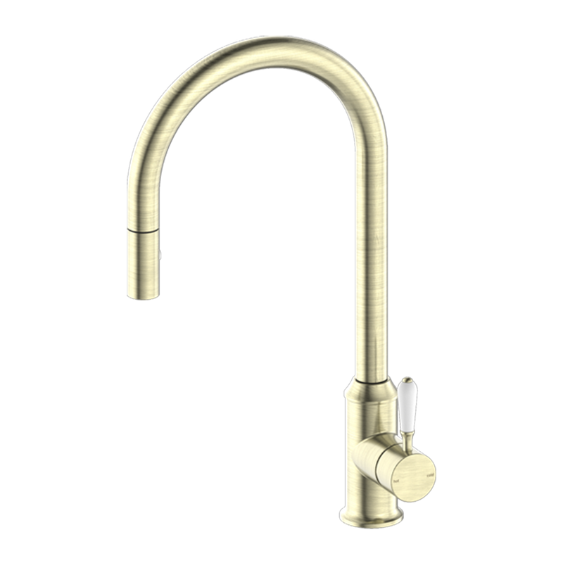 York Pull Out Sink Mixer with Vegie Spray Function with White Porcelain Lever Aged Brass