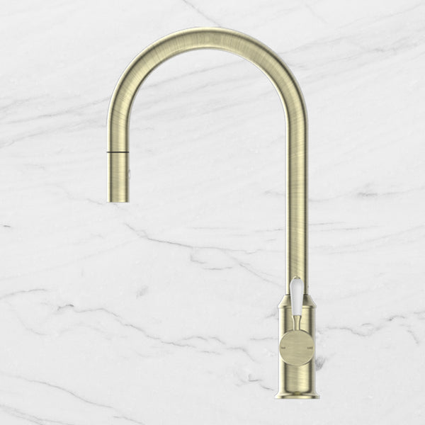 Nero York Pull Out Sink Mixer with Vegie Spray Function with White Porcelain Lever Aged Brass