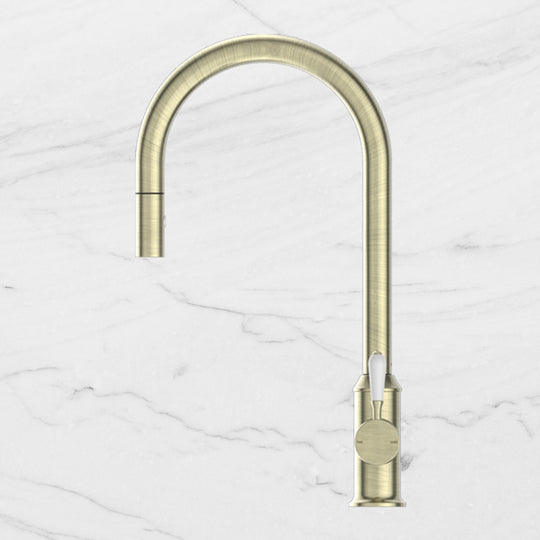 Nero York Pull Out Sink Mixer with Vegie Spray Function with White Porcelain Lever Aged Brass