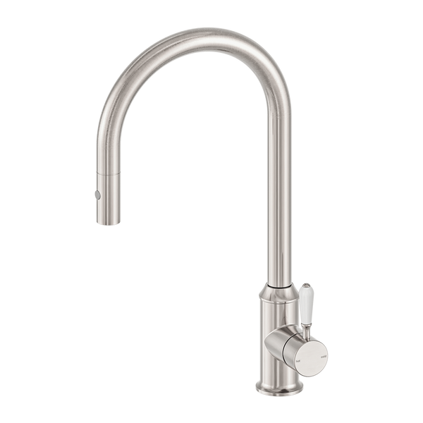 Nero York Pull Out Sink Mixer With Vegie Spray Function With White Porcelain Lever Brushed Nickel