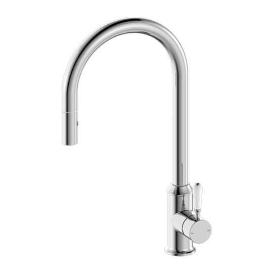 Nero York Pull Out Sink Mixer with Vegie Spray Function with White Porcelain Lever Chrome