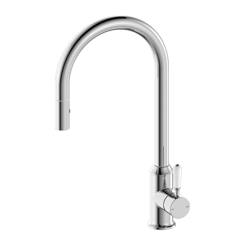 York Pull Out Sink Mixer with Vegie Spray Function with White Porcelain Lever Chrome