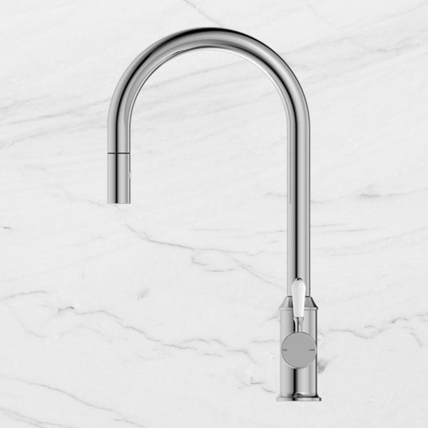 Nero York Pull Out Sink Mixer with Vegie Spray Function with White Porcelain Lever Chrome