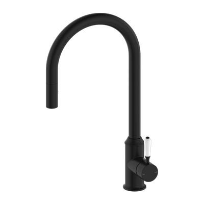York Pull Out Sink Mixer with Vegie Spray Function with White Porcelain Lever Matte Black