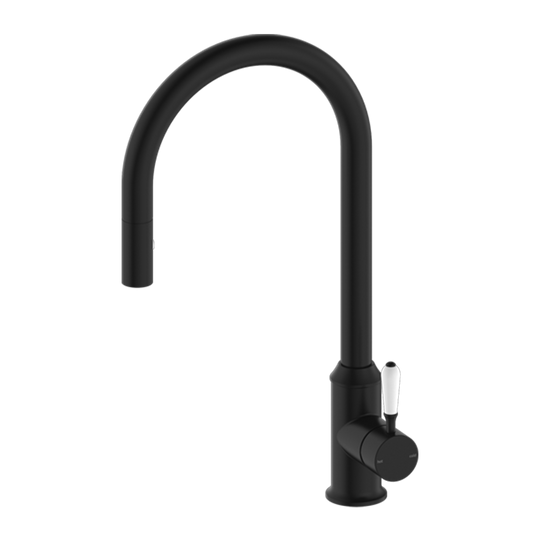 Nero York Pull Out Sink Mixer with Vegie Spray Function with White Porcelain Lever Matte Black