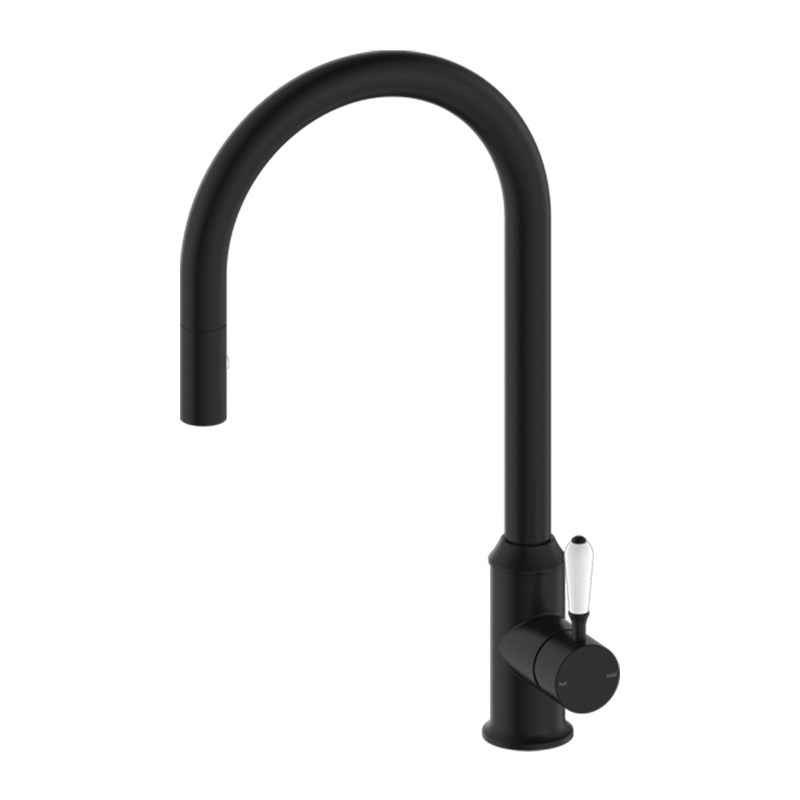 York Pull Out Sink Mixer with Vegie Spray Function with White Porcelain Lever Matte Black