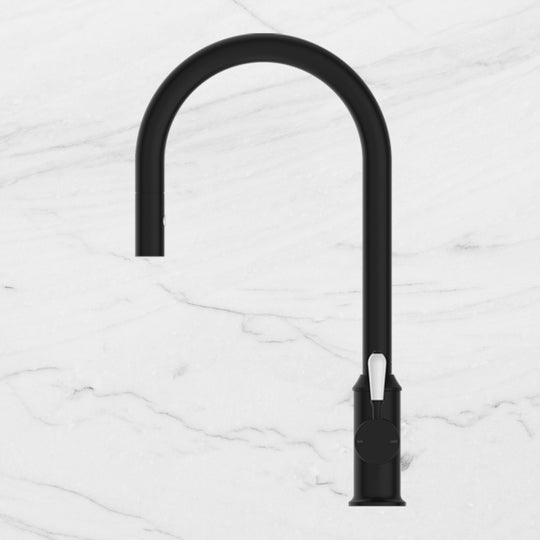 Nero York Pull Out Sink Mixer with Vegie Spray Function with White Porcelain Lever Matte Black