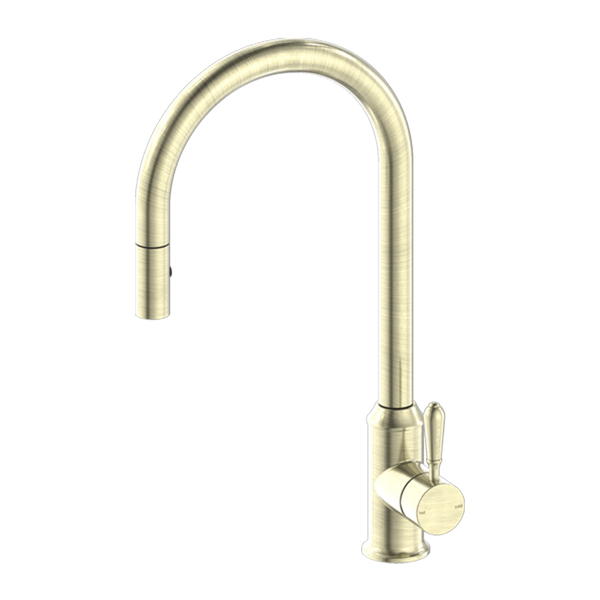 Nero York Pull Out Sink Mixer with Vegie Spray Function with Metal Lever Aged Brass