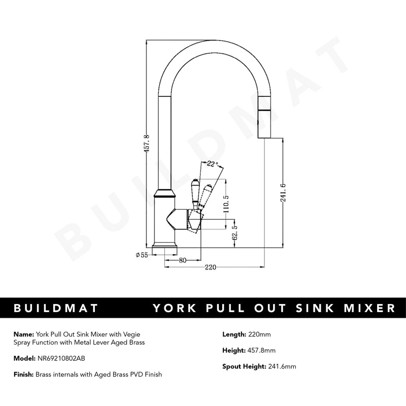 York Pull Out Sink Mixer with Vegie Spray Function with Metal Lever Aged Brass