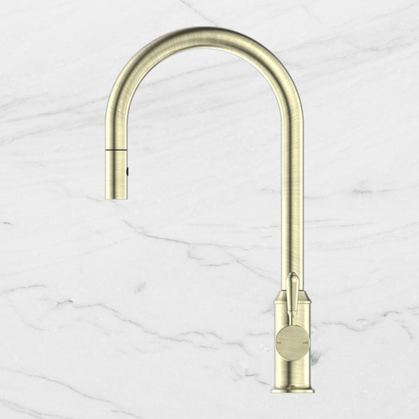 Nero York Pull Out Sink Mixer with Vegie Spray Function with Metal Lever Aged Brass
