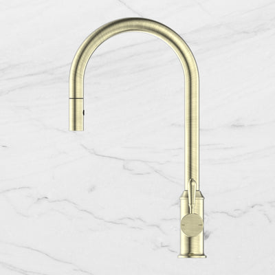 York Pull Out Sink Mixer with Vegie Spray Function with Metal Lever Aged Brass