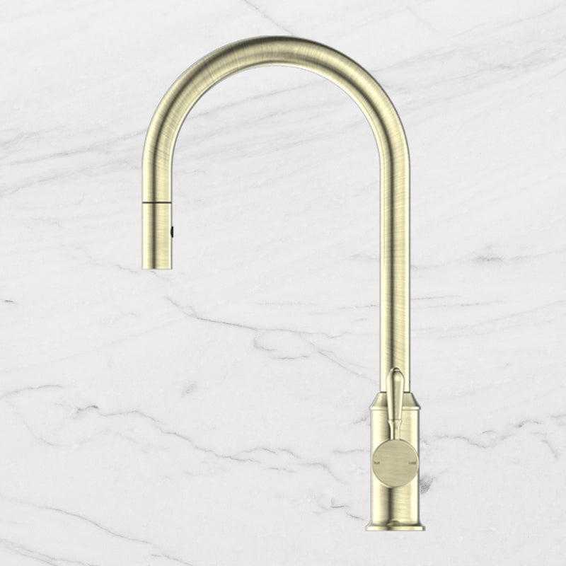 York Pull Out Sink Mixer with Vegie Spray Function with Metal Lever Aged Brass