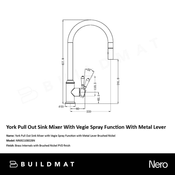 Nero York Pull Out Sink Mixer with Vegie Spray Function with Metal Lever Brushed Nickel