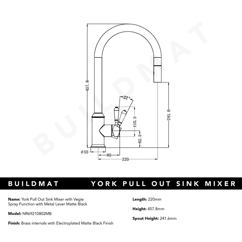 York Pull Out Sink Mixer with Vegie Spray Function with Metal Lever Matte Black