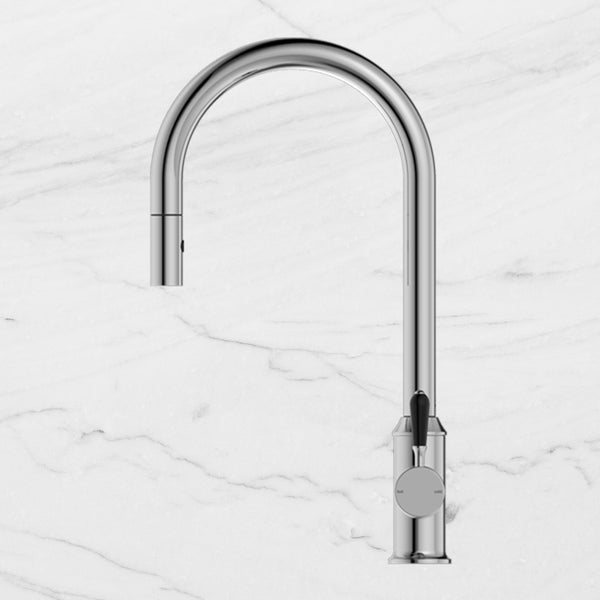Nero York Pull Out Sink Mixer with Vegie Spray Function with Black Porcelain Lever Chrome