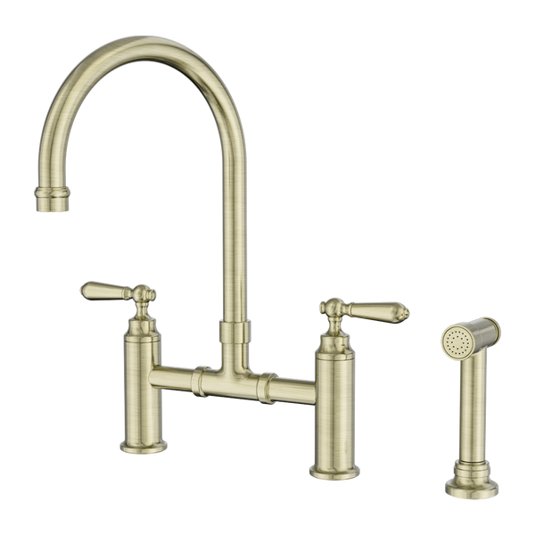 Nero York Bridge Pull Out Kitchen Set With Hand Spray Aged Brass