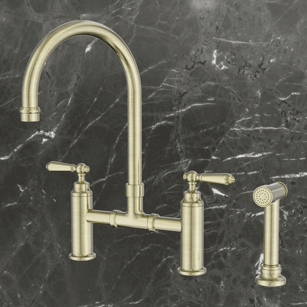 Nero York Bridge Pull Out Kitchen Set With Hand Spray Aged Brass