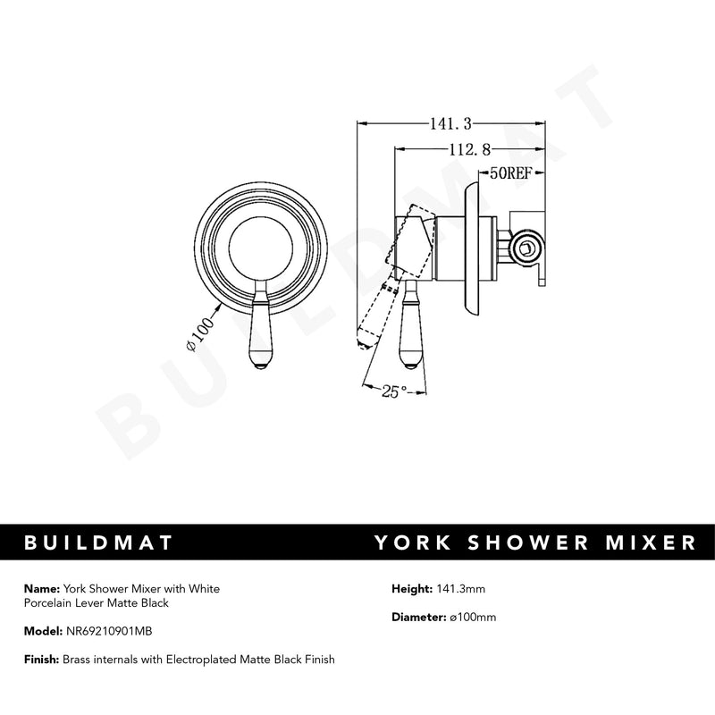 York Shower Mixer with White Porcelain Lever Matte Black