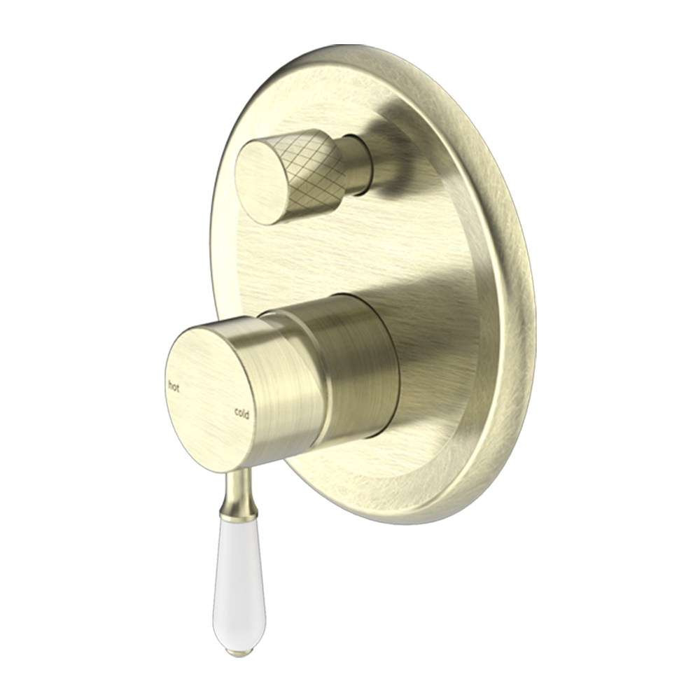York Shower Mixer with Divertor with White Porcelain Lever Aged Brass