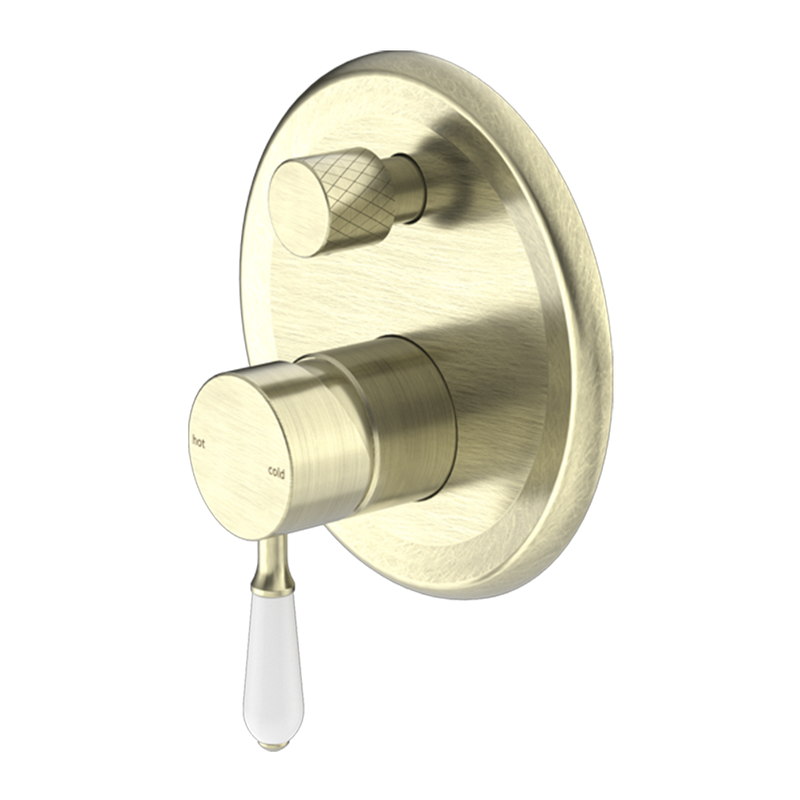 York Shower Mixer with Divertor with White Porcelain Lever Aged Brass
