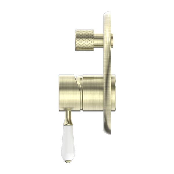 Nero York Shower Mixer with Divertor with White Porcelain Lever Aged Brass