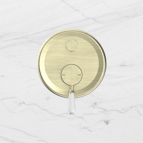 Nero York Shower Mixer with Divertor with White Porcelain Lever Aged Brass