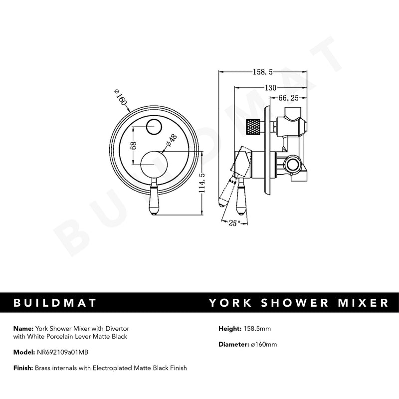 York Shower Mixer with Divertor with White Porcelain Lever Matte Black