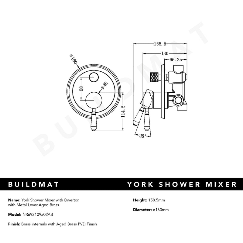 York Shower Mixer with Divertor with Metal Lever Aged Brass