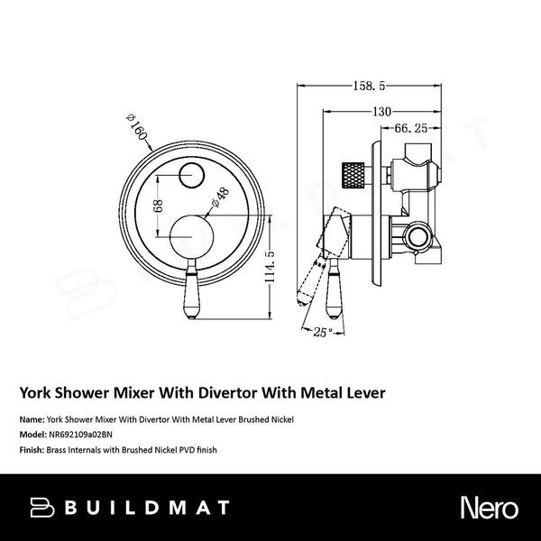 Nero York Shower Mixer with Divertor with Metal Lever Brushed Nickel