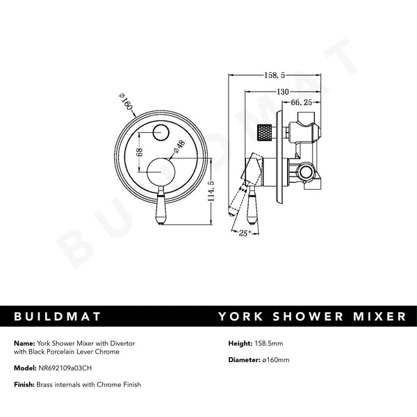 Nero York Shower Mixer with Divertor with Black Porcelain Lever Chrome