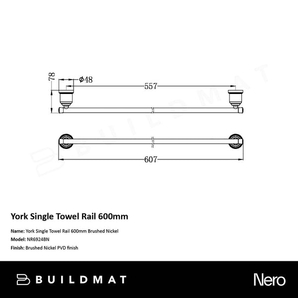 Nero York Single Towel Rail 600mm Brushed Nickel