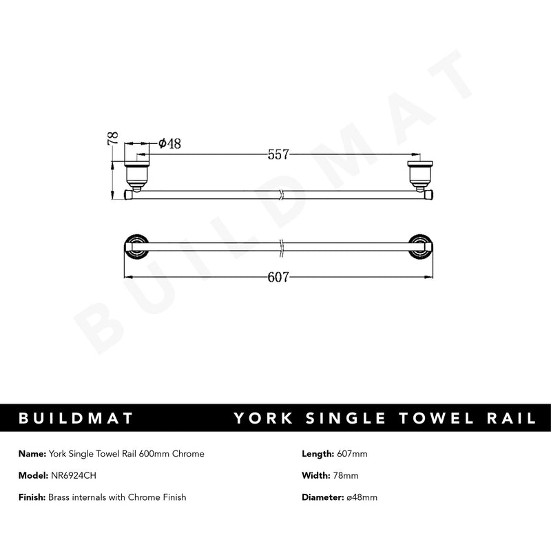 York Single Towel Rail 600mm Chrome