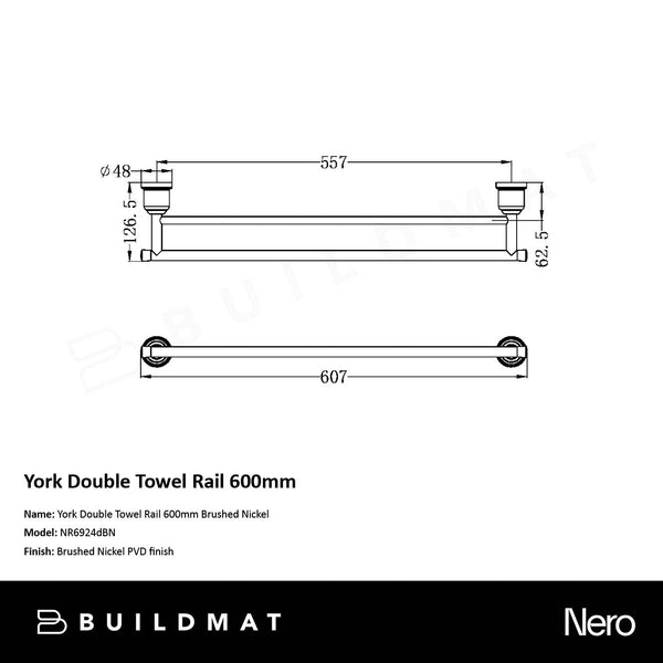 Nero York Double Towel Rail 600mm Brushed Nickel