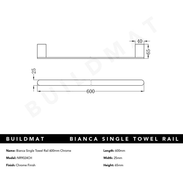Nero Bianca Single Towel Rail 600mm Chrome