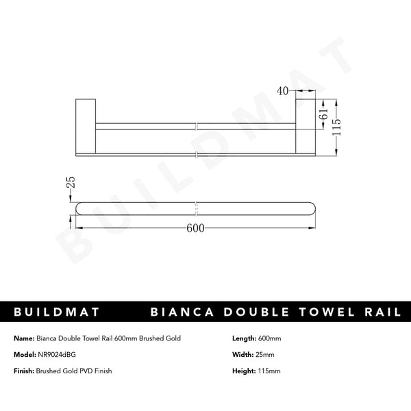 Nero Bianca Double Towel Rail 600mm Brushed Gold