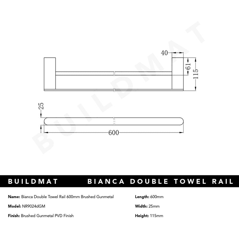 Bianca Double Towel Rail 600mm Brushed Gunmetal